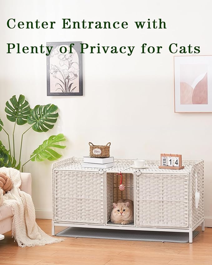 Cat Litter Box Enclosure for 2 Cats, Hidden Litter Box Furniture with Mat, Large Rattan Cat House with Double Room and Door, 47.3 L x 19.7 W x 24 H, 2 S-Shaped Hooks for Living Room White