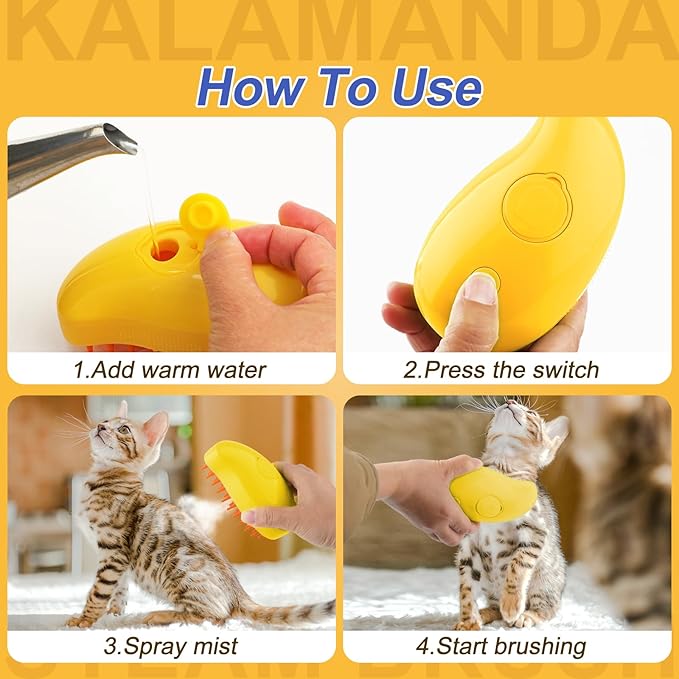 Cat Steam Brush, 3 in 1 Dog Steamy Brush Cleanser, Silicone Massage Grooming Comb, Pet Hair Cleaning Misting Comb for Cats Dogs(Mango Yellow)