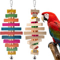Large Bird Toys for Parrot, 2 Pcs Colorful Natural Wood Block Chew Tearing Toy with Bell for Macaws, African Greys, Amazon Parrots, Eclectus, Cockatoo