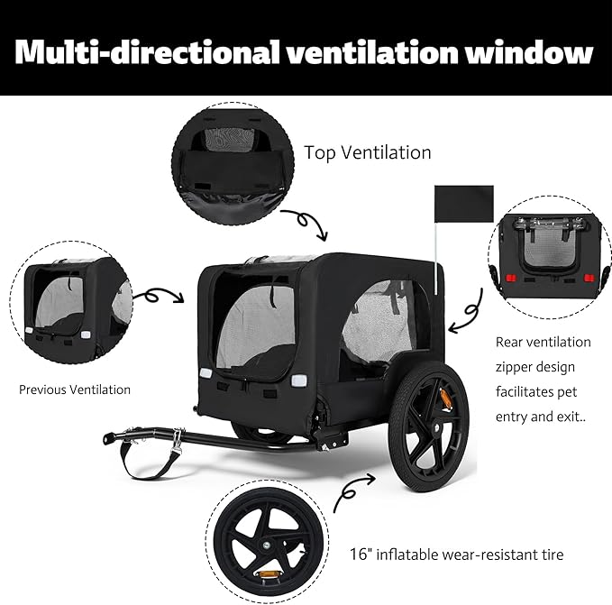 Anwick Dog Bike Trailer, Heavy Duty Dog Trailer for Bicycle, Cart Pet Bike Carrier with 3 Doors, 16" Wheels, Flag, Collapsible to Store, Pet Cart Bicycle Carrier for Small and Medium Pets