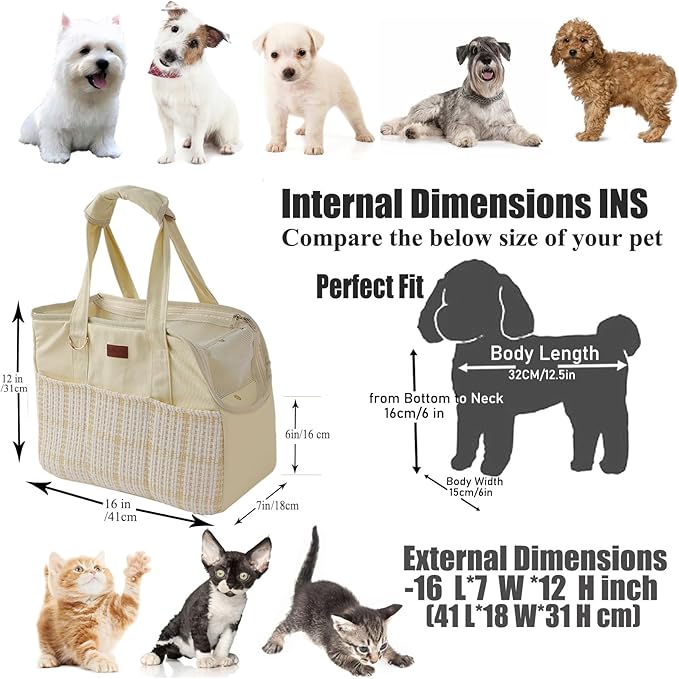 Cat Carriers Bag Beige Small Dog Purse Lightweight Puppy Carrier Fashion Woman Totes for Pet Bag Small Pups Handbag Kitty Rabbit Outdoor (Cream Color