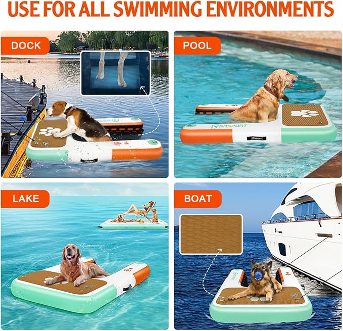 FBSPORT Inflatable Dog Boat Ramp Floating Dock Water Ladder for Pool, Boat, Non-Slip EVA Floating Ladder Pool Ramp for Dog Up to 220 LBs, Safe & Easy Access