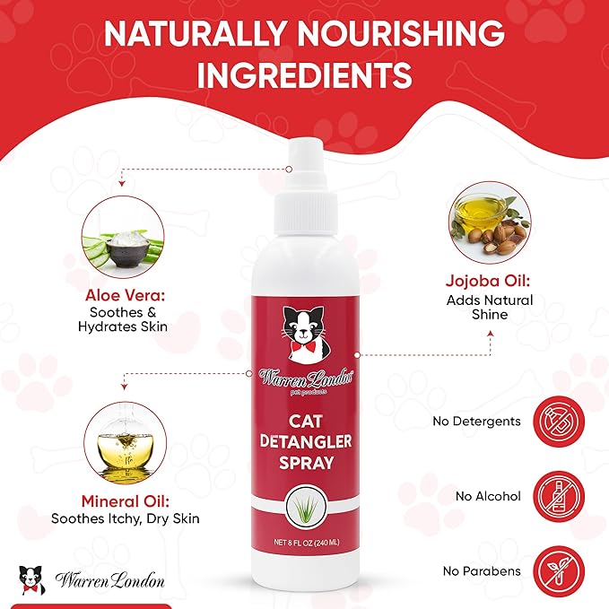 Warren London Cat Detangler Spray Bundle with Pin Brush for Matted Hair | Leave in Conditioner Pet Detangling Spray that Demattes & Refreshes | 8oz w/Pin Brush