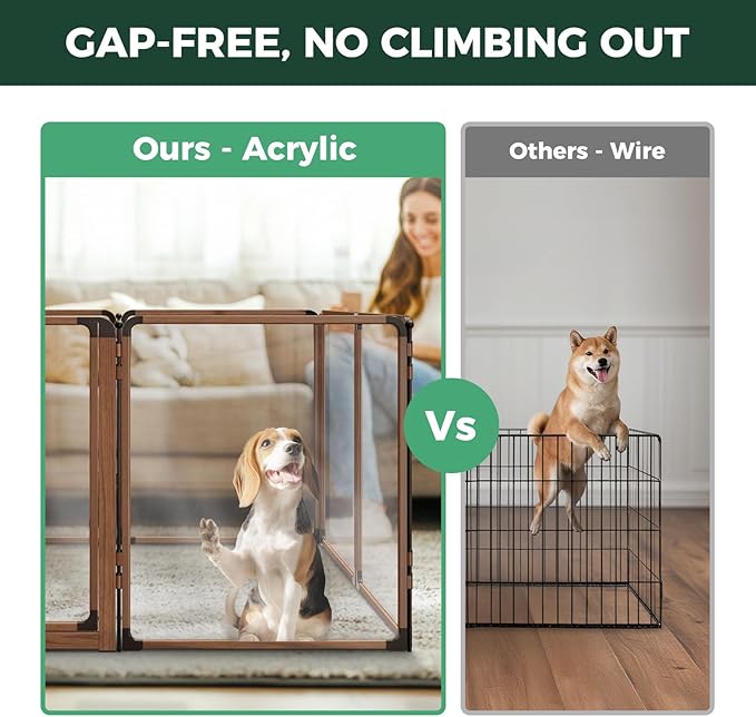 FXW AuraSpace Pro Metal & Acrylic Indoor Dog Playpen, All-Acrylic Clear Heavy-Duty Design, 32" Height 8 Panels for Small and Medium Dogs, Walnut│Patented