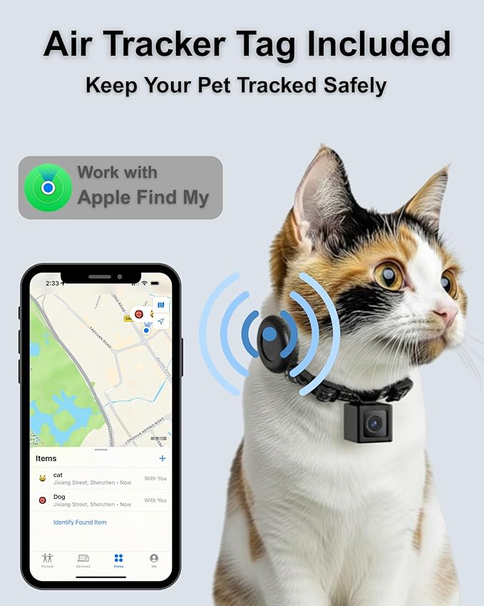 Cat Camera Collar with Tracker Tag, 1080P HD Video Recording Pet POV Cam, NO WiFi NO APP, Body Camera for Cat/Dog Tracking — Lightweight, Night Vision, Easy Playback