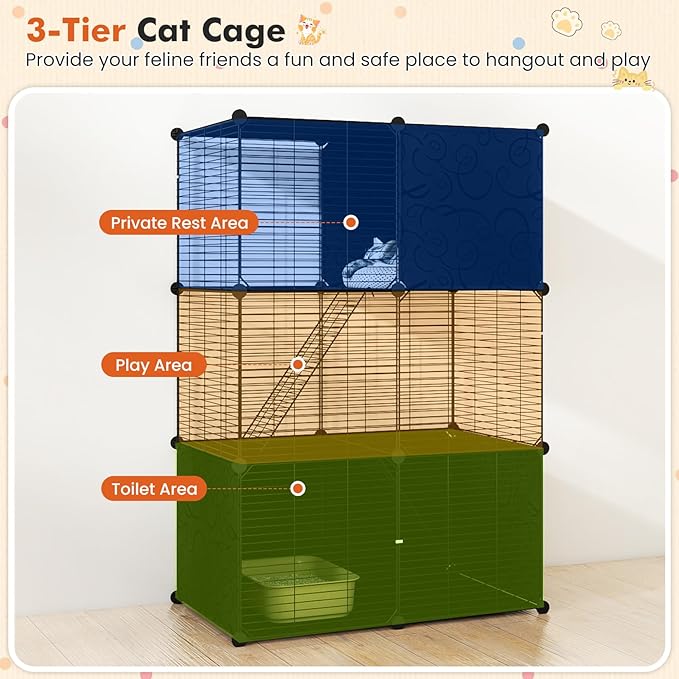 PETSITE Cat Cages Indoor, 3-Tier DIY Cat Enclosure with 2 Ladders, Detachable Metal Wire Kennel Catio with 3 Lockable Doors, Ideal for 1-3 Cats or Other Small Animals, 29 x 18.5 x 43 in