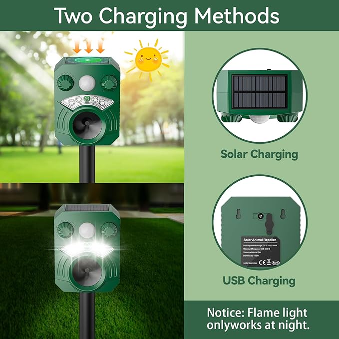 Solar Ultrasonic Cat Deterrent Outdoor – Motion Activated Deer Repellent Waterproof, Animal Repeller for Squirrel, Skunk, Racoon, Rabbit – Yard, Garden & Farm Protection