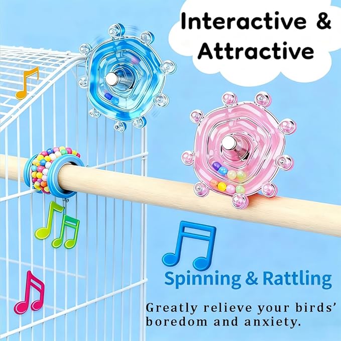 Bird Cage Spinning Toy for Parakeets & Cockatiels, 2 Pack Interactive Spinner Rattle Bird Toys, Cage Mounted Chew Toy for Canary Lovebirds Finches Small Birds Cage Accessories