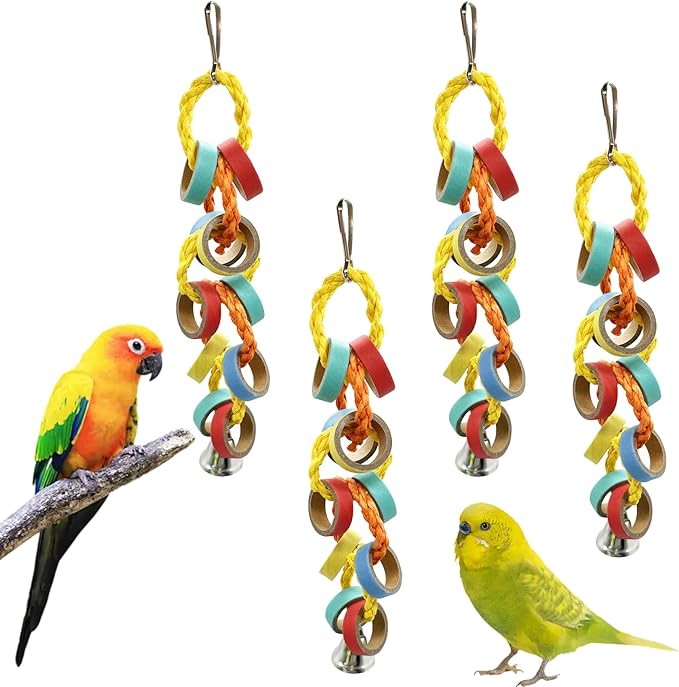 4 Packs Small Parrot Chewing Toys Bagel Chew Rings Shredding Bird Toy for Cockatiel Conures Parakeet Budgies Love Birds Canary Cage Hanging Accessies