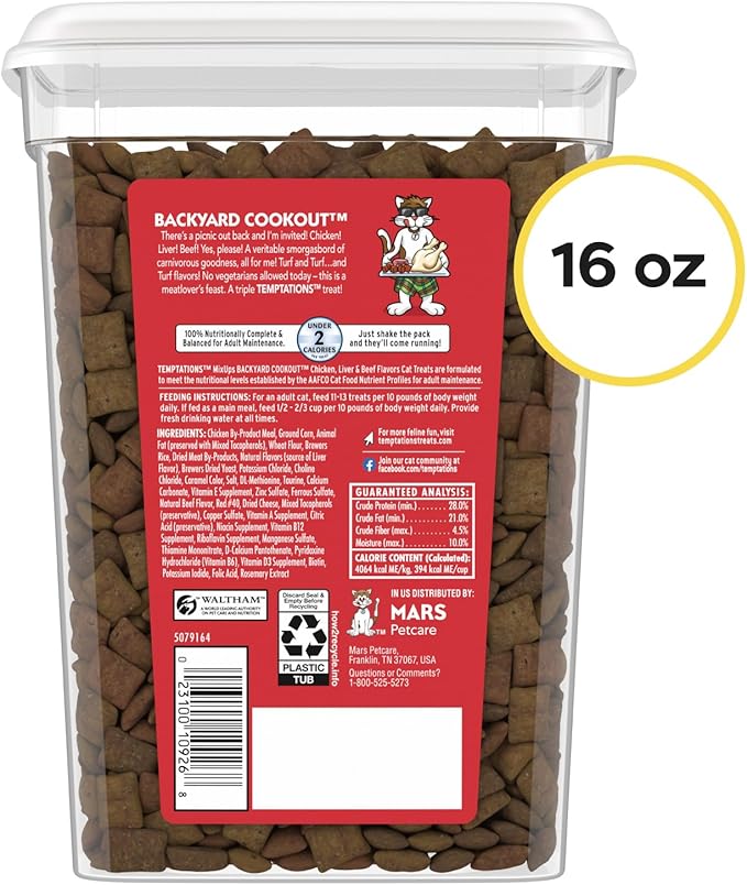 Temptations Cat Treats MixUps Backyard Cookout Flavor Crunchy, Soft Cat Treats, 16 oz. Tub