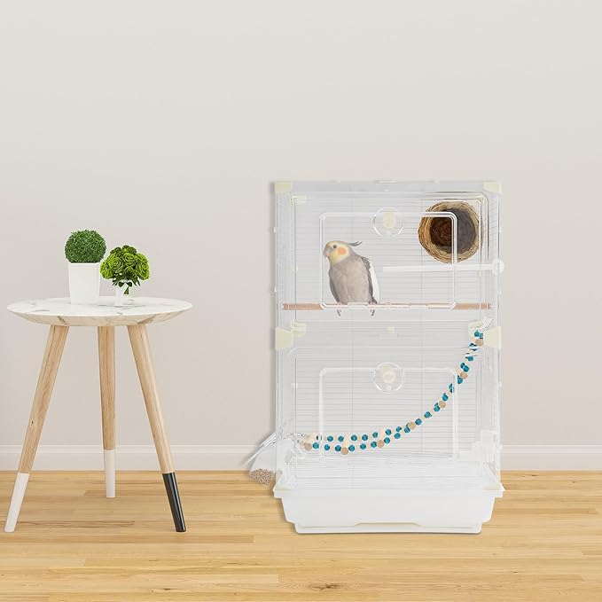 Two-Tier Bird Cage, 30 Inch Pigeons Parrot Birdcage with Safe Rotary Door Lock, White Parakeet Cage for Small to Medium Birds, Easy Access Double Doors. (E)