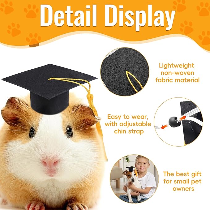 2 Pack Mini Graduation Caps with Yellow Tassels, Small Animal Bachelor Hats for Cats and Dogs, Adjustable Pet Graduation Photo Props and Holiday Costume Accessories