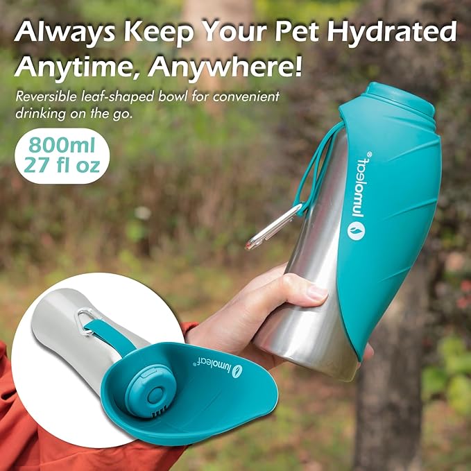 LumoLeaf Portable Dog Water Bottle 27 OZ, Stainless Steel Pet Travel Water Bottle Dispenser for Walking, Hiking and Outdoor, Portable Water Bowl for Large Dogs (Blue)