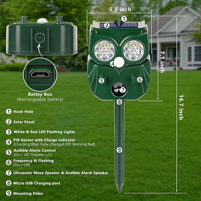 4 Pack 2026 Ultrasonic Animal Repellent Outdoor Deer Repellent Devices Solar Animal Repeller Motion Activated Deterrent to Scare Cat Squirrel Rabbit Raccoon Skunk with LED Flash Lights for Yard Lawns