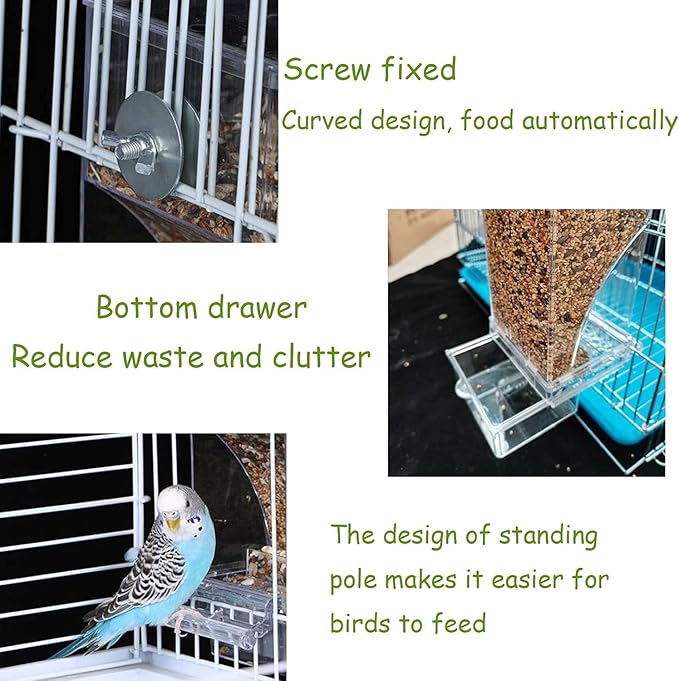 kathson No-Mess Bird Cage Feeder Automatic Parrot Feeders Seeds Container Acrylic Finch Foraging Feeders Parakeet Food Dispenser Cage Accessories for Small Birds Canary Budgie Lovebirds