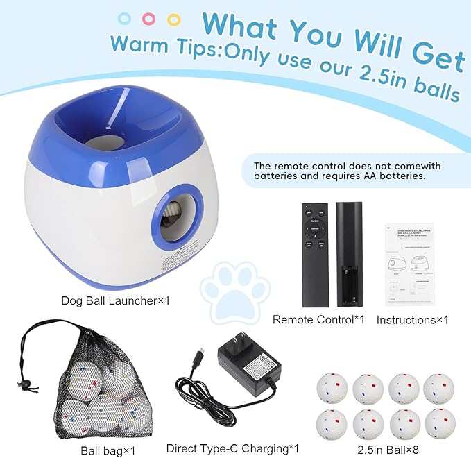 FAHKNS Automatic Dog Ball Launcher,Dog Ball Thrower Machine with 40-80Ft 3 Launching Distance,Interactive Toys for Medium/Large Dogs, Indoor & Outdoor with 8 Balls (2.5"),Remote Control Thrower -Blue