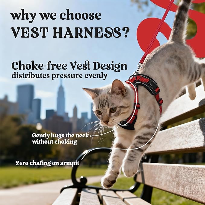 rabbitgoo Cat Harness and Leash for Walking, Escape Proof Soft Adjustable Vest Harnesses for Cats, Easy Control Breathable Reflective Strips Jacket, Black & Red, XS