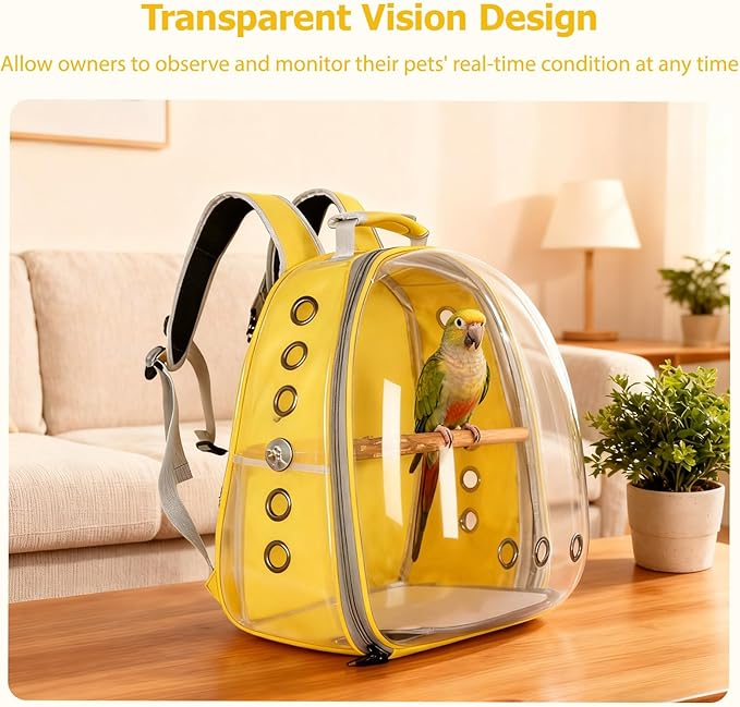 Transparent Parrot Backpack,12 Holes Ventilate Space Capsule Carrier,Stick Wooden Standing Perch,Portable Double Shoulder Outdoor Pet Backpack Carrier for Birds and Pets (Purple,Without Stick)