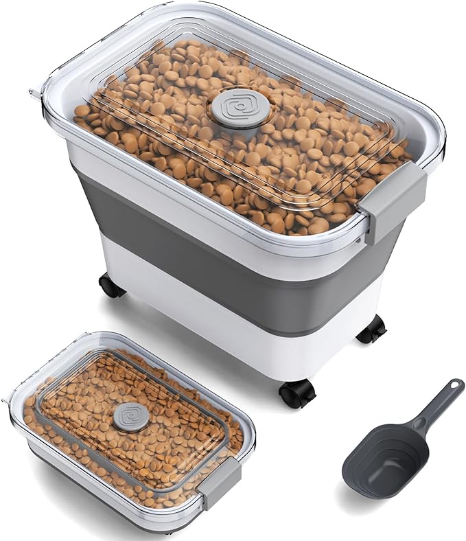 Dog Food Storage Container, 15-23 Lbs Collapsible Dog Food Container with Transparent Airtight Lid, Wheels and Scoop, Travel Pet Food Storage Container for Cat, Dog and Bird, Keep Dry Food Fresh