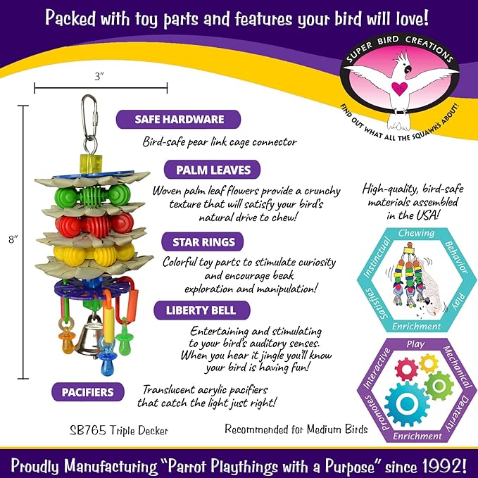Super Bird Creations SB765 Triple Decker Bird Toy for Medium Sized Pet Birds - Ringnecks, Medium Conures, Cockatiels, Caiques, Pionus, Senegals - Bird Safe Component and Design - 8" x 3"