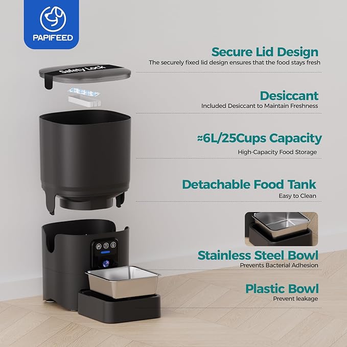 PAPIFEED Automatic Cat Feeder with Camera, 6L Smart WiFi Cat Food Dispenser for Dry Food, Scheduled Feeding You Can Rely On, 1080P HD Monitoring, App Control, Dual Power Backup