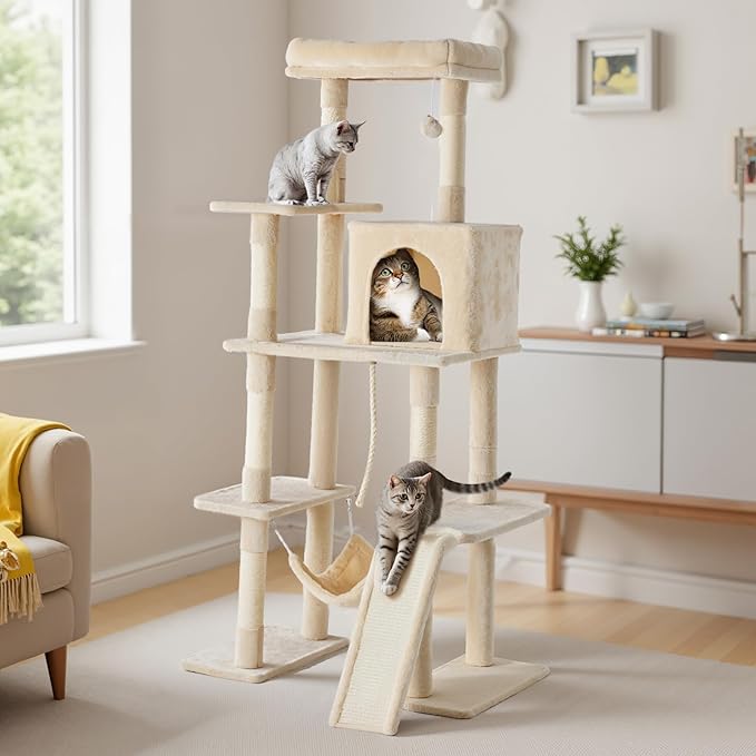 Sweetcrispy 63 inch Cat Tree Tower, Large Multi Level Cat Climbing Tower with Condo, Natural Sisal Scratching Posts, Extended Platform, Hammock, Pet House for Indoor Cats and Kittens Play, Beige