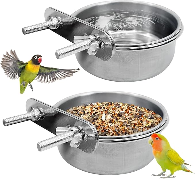 PINVNBY Stainless Steel Bird Bowl Parrot Food Water Bowls with Clamp Holder Bird Feeder Dish Cups Crate Bowls for Cockatiel Pigeons Conure Budgies African Greys (2PCS Screw Size: S)
