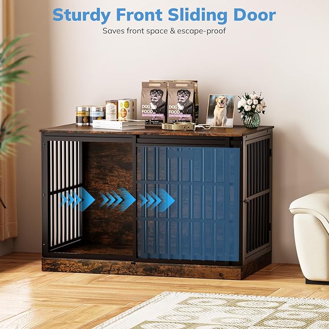 Petrova 47" Dog Crate Furniture for 1 Dogs, Heavy Duty Indoor Dog Kennel for Medium/Large Dogs, Wooden Dog Cage with Sliding Barn Door, Name Tag, Brown