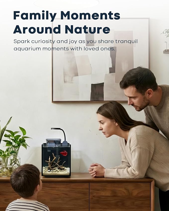 Desktop Small Aquarium Set Glass Fish Tank 1.25 Gallon, Heater Water Pump Filter Bright LED Light Gravel Cleaning Tool, Starter Kit Small Space Easy Setup Space-Saving Design Betta Shrimp