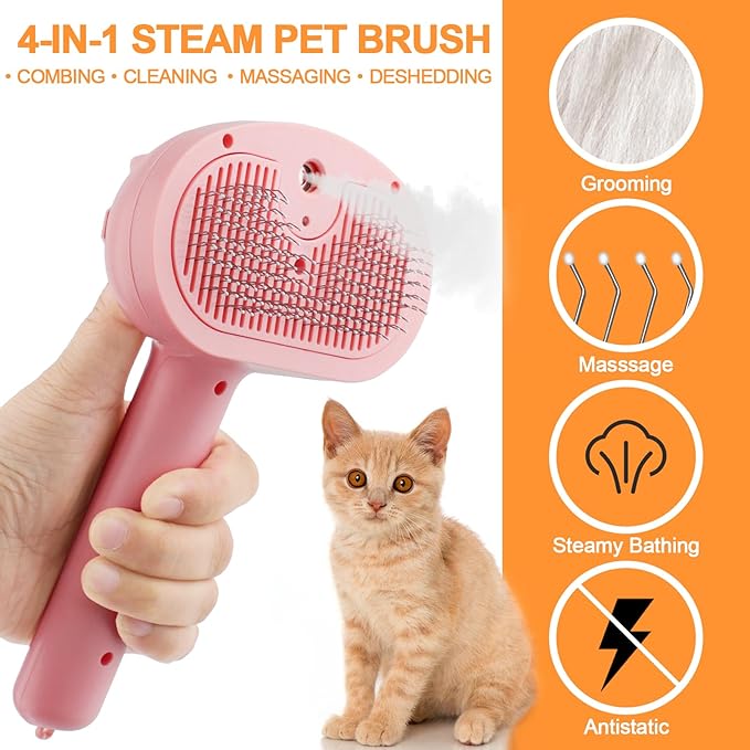 Pet Steam Brush for Dogs, 4 in 1 Cat Steam Brush for Long Short Haired, Self Cleaning Brush for Shedding, Metal Pet Misting Hair Comb with Handle for Grooming Kitten Dog(Pink)