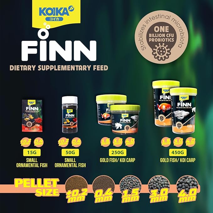 KOIKA FINN Probiotic Fish Food Pellets for Ornamental Fish, 43% Protein with Bacillus Probiotics, Supports Digestion and Immune Health for Daily Feeding (15g, Ornamental Fish - 0.4mm Pellets)