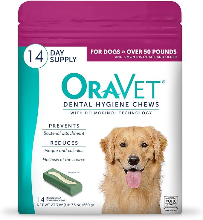 ORAVET Dental Chews for Dogs, Oral Care and Hygiene Chews (Large Dogs, Over 50 lbs.) Pink Pouch, 14 Count