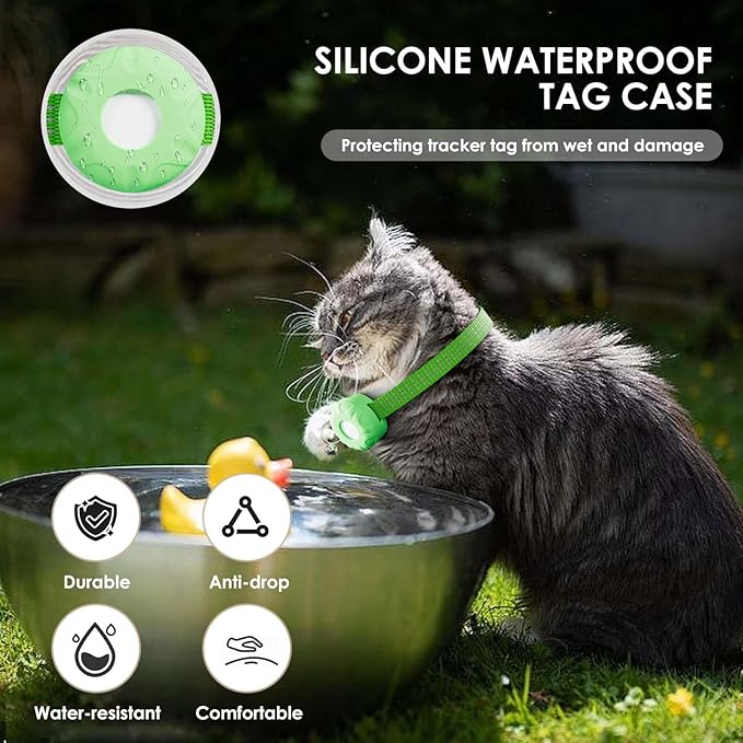 GPS Tracker for Cats, Cat Tracker Collar with Safety Elastic Buckle, Compatible with Apple Find My App (Only iOS), No Monthly Fee, Waterproof (White Tracker, Green Cat Collar)
