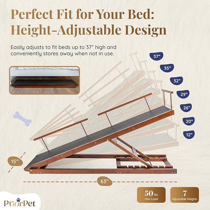 Dog ramp for Bed - PRIORPET Birchwood Adjustable Ramp for Dogs to Get on Bed: Dog ramps for High Beds up to 37 Inches – Foldable Ramp, Anti-Slip Grip & Safety Rails, Small Dogs Up to 120lbs – Walnut