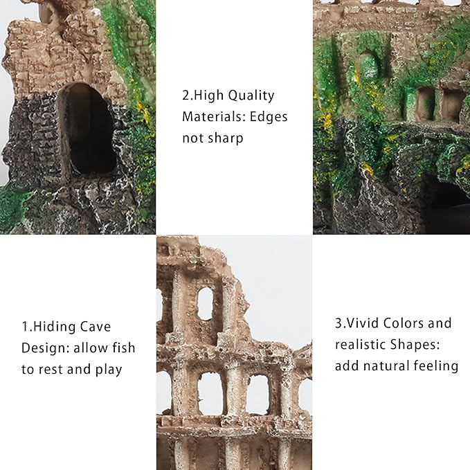 Large Antique Roman Column Ruins Castle Aquarium Decor - Fish Tank Cave Hideout Decorations, Resin European Castle Ornament Safe for Freshwater & Saltwater Tanks
