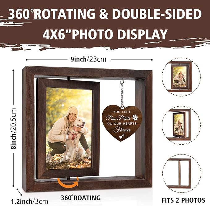 Jigfoxy Dog Memorial Picture Frame - Rotating Wooden Frame for 4x6 Photo - Pet Memorial Gifts for Dog Loss Sympathy Bereavement Remembrance Gift