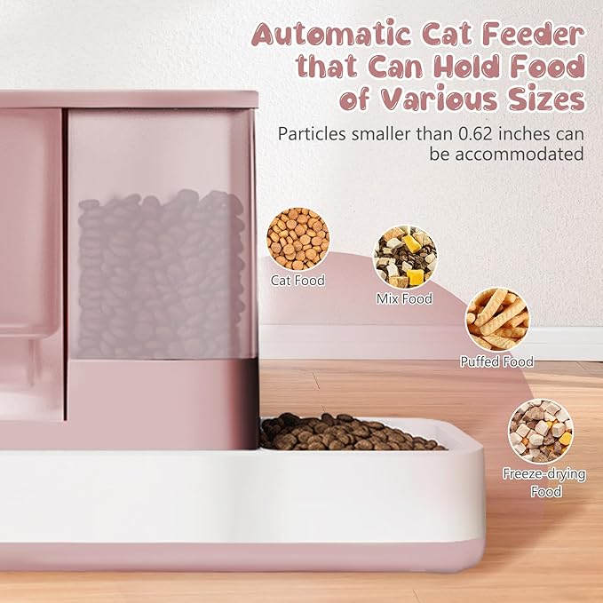 Automatic Cat Feeder and Water Dispenser, 2 in 1 Gravity Pet Food Feeder and Water Dispenser Detachable Cat Food Dispenser for Small Dogs and Cats, Pink