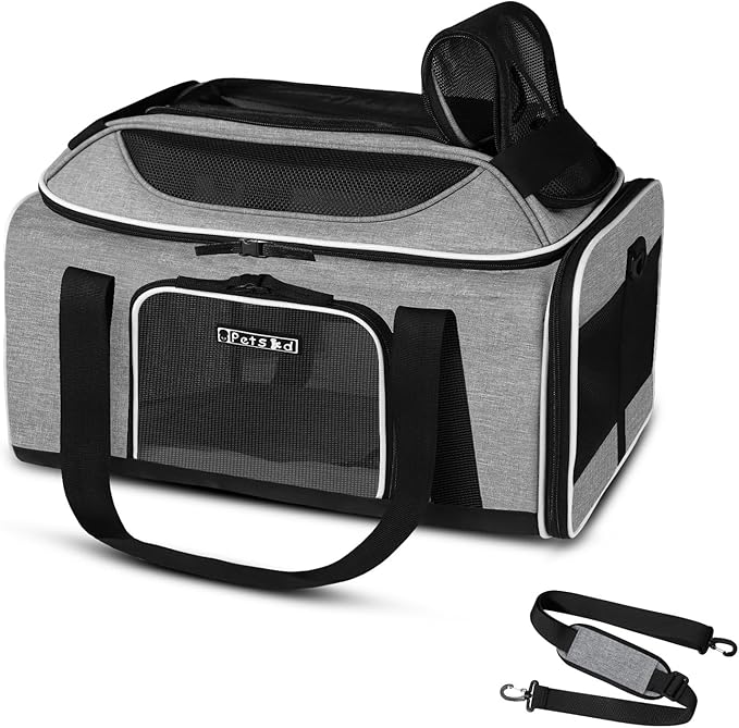 Petskd Top-Expandable Pet Carrier 17x12x8.5 Inches JetBlue Allegiant Spirit Airline Approved, Soft-Sided Carrier for Small Cats and Dogs with Locking Safety Zippers and Anti-Scratch Mesh(Grey)