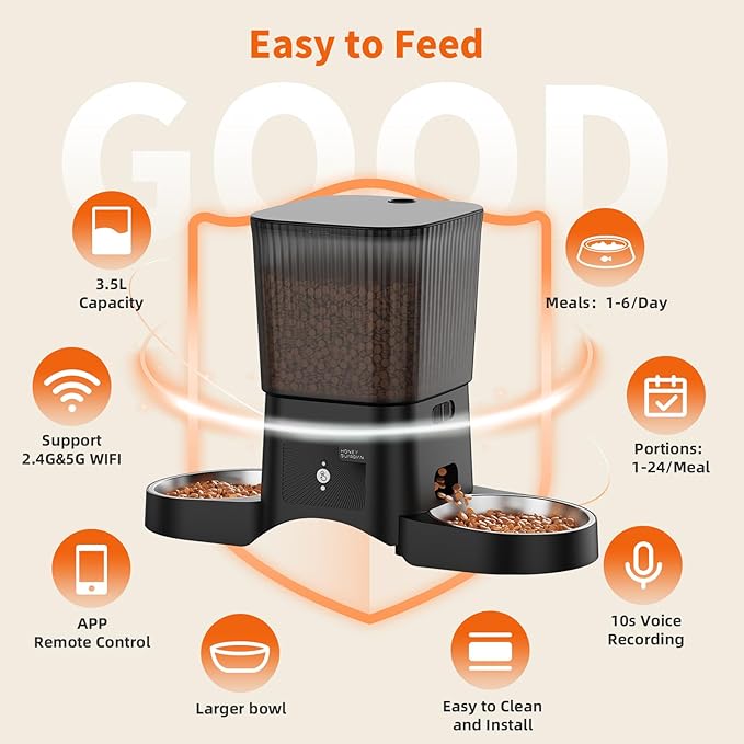 HoneyGuaridan Automatic Cat Feeder for 2 Cats,3.5L Dual Cat Food Dispenser, 2.4G/5G WiFi APP Control for Multiple Cats,2 Stainless Steel Bowls & 2 Slow Feeder Anti-Choking Bowls, Dual Power
