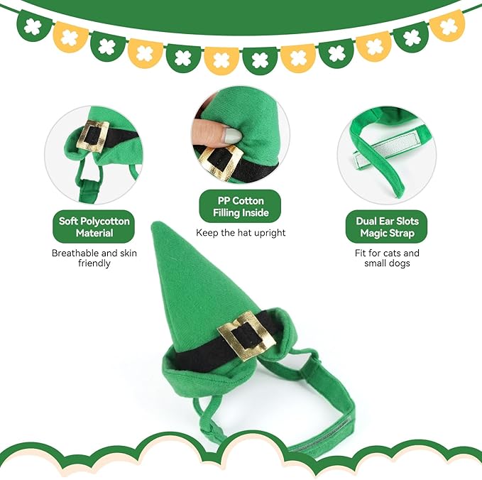 PETLESO St. Patrick's Day Pet Green Hat, Cat Irish Leprechaun Costume Adjustable Cap for Small Dogs, Cats & Rabbits, Parades & Photo Shoots Headwear, Small