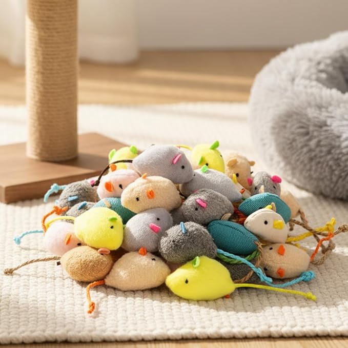 Leitee 50 Pcs Assorted Mice Cat Toys Bulk with 1 Cat Paw Gift Storage Bags Set, Furry Mouse Kitten Toy Mini Mouse for Indoor Cats, Interactive Play Color Varies(51 Pcs,Plush Mice)
