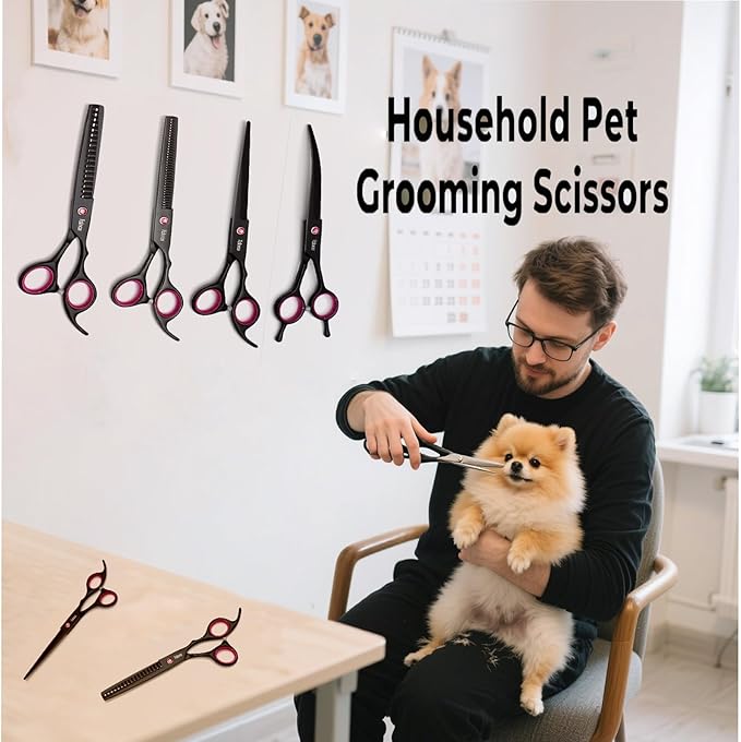 Professional Dog Grooming Scissors 4-Piece Set - Straight, Thinning, Curved Shears for Pets with Non-Slip Handles, Sharp Convex Blades & Travel Case (Black)