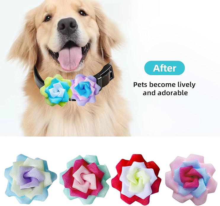 Dog Collar Flowers Accessories, 6 Pack Flower Charms for Dog & Cat Collars, Elastic Slide-On Decorative Flowers for Pet Collars