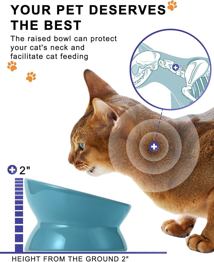 Y YHY Elevated Cat Food Bowl, Ceramic Raised Bowl, Tilt Angle Protects Cat's Spine, Anti Vomiting Dish, Backflow Prevention, Lake Blue