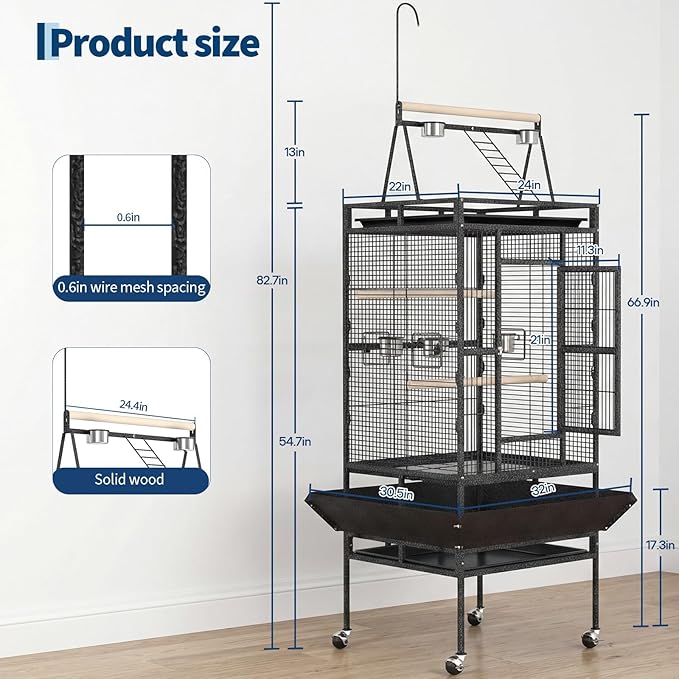 Large 82" Parrot Cage with Wheels, Play Top & Rope Perch - Spacious Flight Bird Cage for Parakeets, Cockatiels, Conures - Powder-Coated Speckled Black