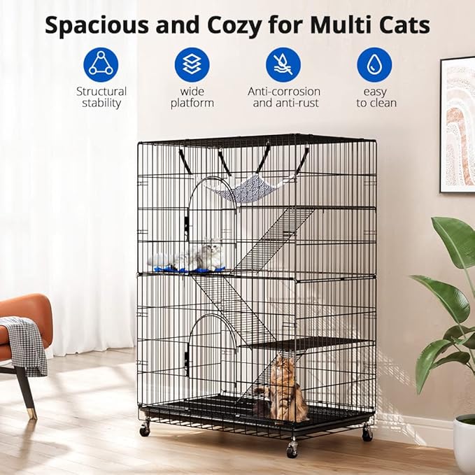 PawGiant 4-Tier Large Cat Cage Playpen, 51-inch Indoor/Outdoor Enclosure with 2 Doors, Hammock, Suitable for Cats, Kittens, and Small Animals