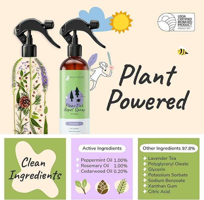 kin+kind Flea and Tick Spray for Dogs – Plant Based Flea Spray with Rosemary, Lavender & Cedarwood Oil – Pet Supplies for Bugs and Pests – Flea & Tick Pet Spray Prevention 12 fl oz