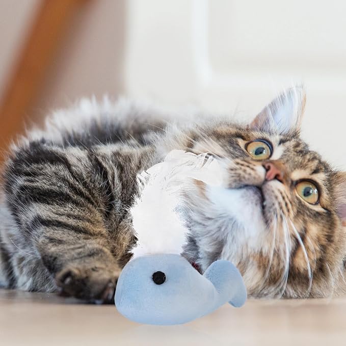 ABOOFAN Interactive Plush Whale Cat Toys 3 Pack with Bell for Indoor Cats Lightweight Soft Stuffed Kitten Toys for Exercise Anxiety Relief