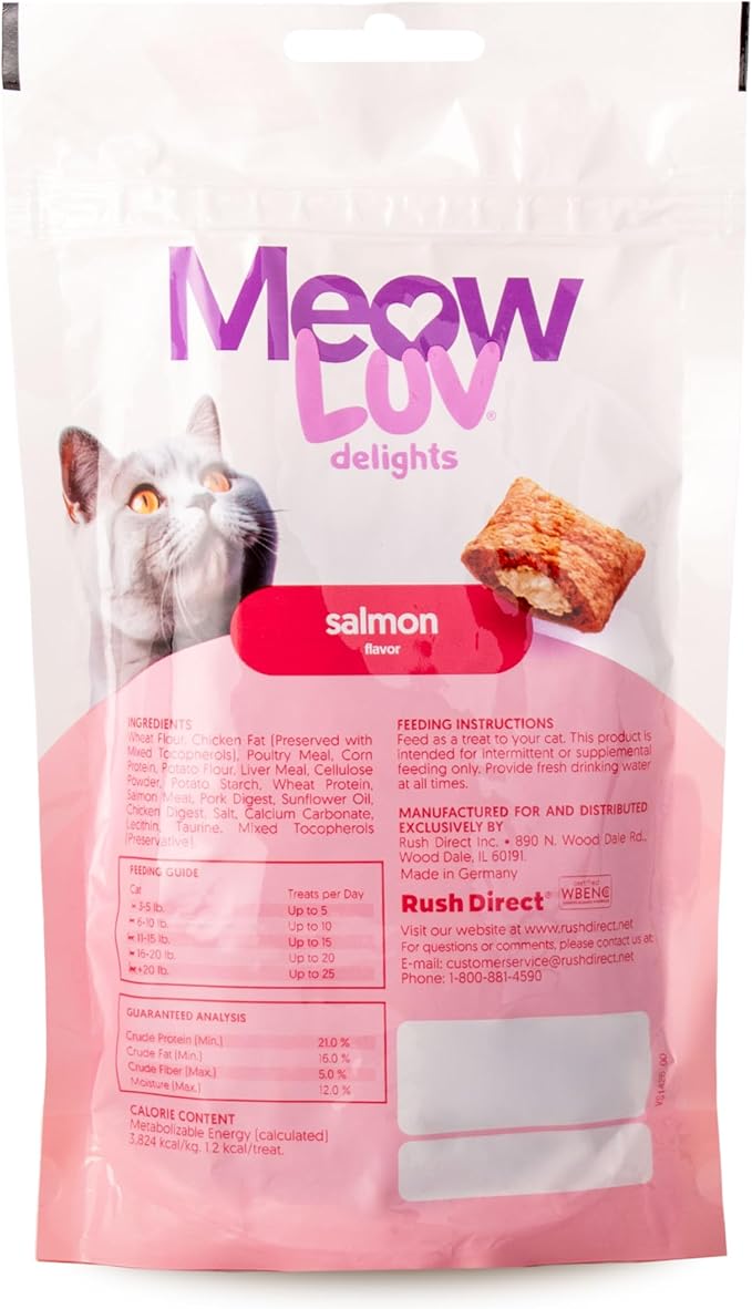 Ultra Chewy Meow Luv Delights Crunchy Cat Treats with Creamy Center - Salmon Flavor - Premium Cat Snacks - Soy-Free Recipe - Healthy Treats for Indoor Cats - 4 Pack