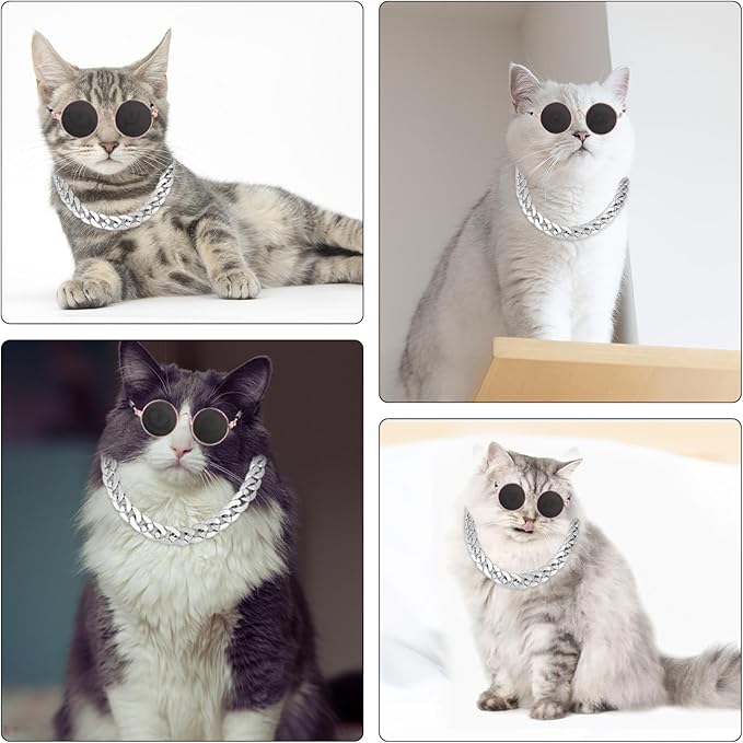 Cat Costume Sunglasses with Collar Chain, Retro Pet Eyeglasses Funny Kittens Costume Docorations Cosplay Dog Puppies Photo Props for Birthday (Silver)
